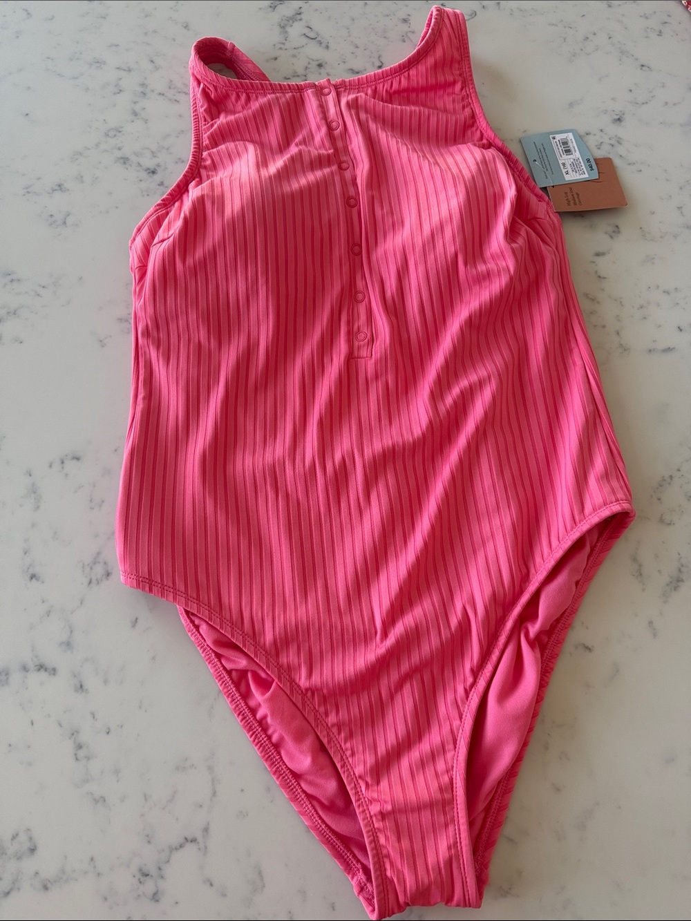 Shade & Shore Ribbed One Piece Swimsuit NWT XL (16) Neon Pink Snap Front
